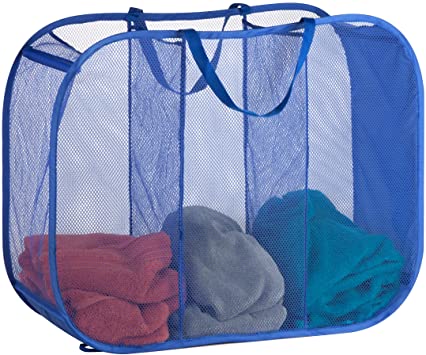 Honey-Can-Do Mesh Triple Sorter Laundry Basket, 30" Length x 11" Width x 24" Height, Blue