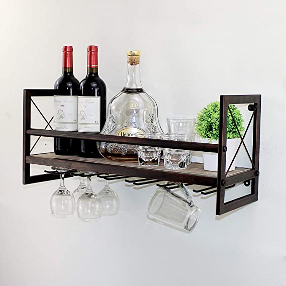 Womio 24in Rustic Wine Racks Wall Mounted with Stemware Racks,Industrial Metal Hanging Wine Holder,Bottle Holder with 7 Stem Glass Holder,Retro Red