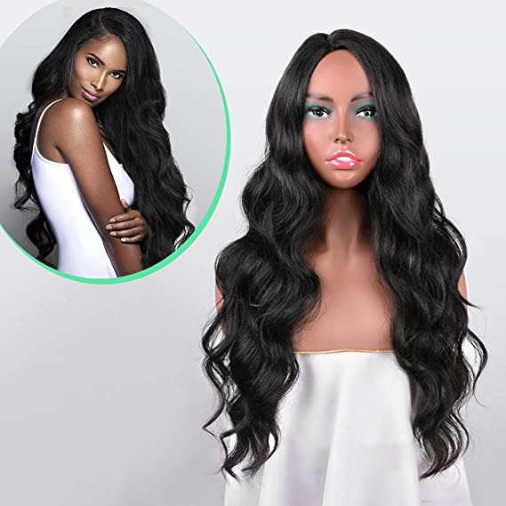 HMD Long Wavy Wigs 28 Inches Natural Black Color Synthetic Wigs for Women Natural Looking Right Side Part Wig Heat Resistant Replacement Full Machine Made Wig(Color:1B)