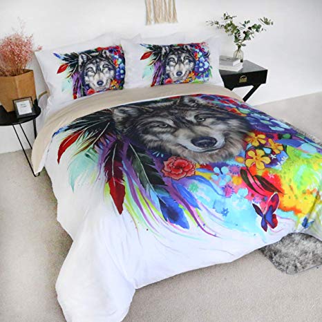 BlessLiving 100% Cotton Bedding Animals Print Bedding Duvet Cover Sets Boho Wolf Flowers Pattern 3 Pieces Hidden Zipper Closure Corner Ties Soft and Easy Care (Queen)