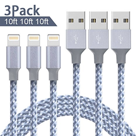 Lightning Cable,ONSON Charger Cables 3Pack 10FT to USB Syncing and Charging Cable Data Nylon Braided Cord Charger for iPhone 7/7 Plus/6/6 Plus/6s/6s Plus/5/5s/5c/SE and more (Gray&White)