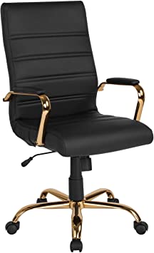 Flash Furniture High Back Black LeatherSoft Executive Swivel Office Chair with Gold Frame and Arms, BIFMA Certified