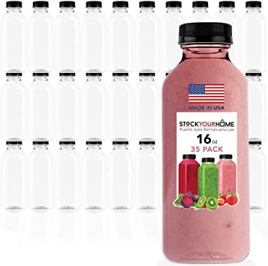 Plastic Juice Bottles with Lids, Juice Drink Containers with Caps for Juicing Smoothie Drinking Cold Beverages, 16 Oz, 35 Count