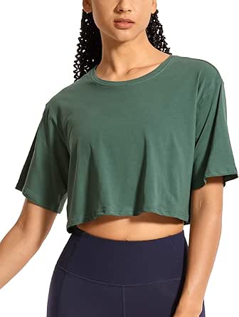 CRZ YOGA Women's Pima Cotton Workout Crop Tops Short Sleeve Yoga Shirts Casual Athletic Running T-Shirts