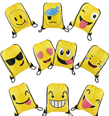 Cute Emoji Cartoon Drawstring Backpack Bags for Kids Girls and Boys 10 Pack, Gift Treat Goody Birthday Party Favor Bags