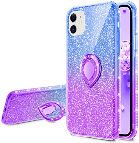 Compatible for iPhone 11 Bling Case, VEGO Ombre Glitter Case for Girls Women Fancy Shiny Fashion Sparkly Diamond Rhinestone with Kickstand Ring Holder Compatible for iPhone 11 Case (Blue Purple)