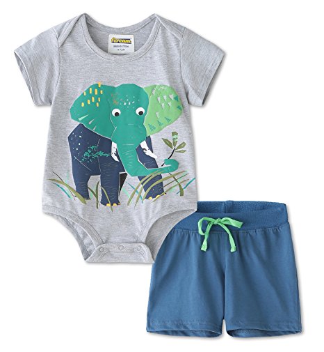 Baby Boys Cotton Summer Sets Shortsleeve Elephant Pattern t-Shirts and Shorts 2 pcs Clothing Sets