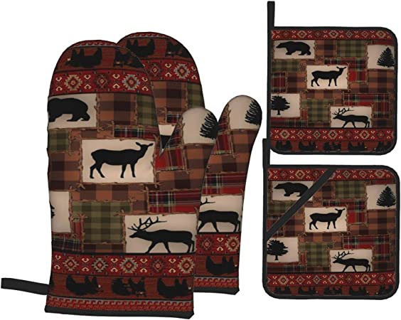 Oven Mitts and Pot Holders Set Retro Rustic Lodge Bear Deer Moose Heat Resistant Kitchen Microwave Gloves and Hot Pads Potholders with Cotton Liner Grip Cooking Mitts for Baking Cooking Grilling BBQ