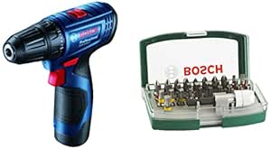 Bosch 06019G80F1 GSR120-Li Cordless Drill Driver, 12V Single Battery with 2607017063 Screwdriver Bit Set (Grey, 32-Pieces) Combo