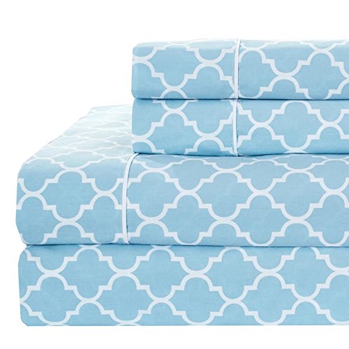 Queen size- Blue Printed Meridian 100% Cotton Percale 4pc Sheet set- Modern Reactive Print