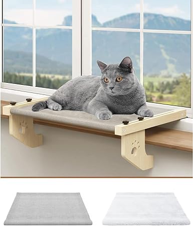 Cat Window Perch,Cat Window Bed for Indoor Cats,Wood & Metal Frame for Kitty Window Perch,Window Sill Cat Perch with Bed Cover,Cat Window Shelf for Seat&Bed,for Windowsill, Bedside, Cabinet(Drawer)