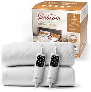 Sunbeam Sleep Perfect Quilted Electric Blanket Queen | Fully Fitted Quilted Cotton Top Layer, Antibacterial, Washable, Auto-Off Timer, Overheat Protection, Dual Controls BLQ6451