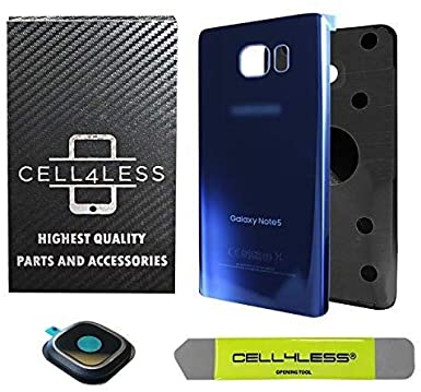 CELL4LESS Samsung Galaxy Note 5 Replacement Rear Back Glass Back Cover w/Custom Removal Tool & Camera Lens w/Frame - Adhesive - Fits N920 Models - 2 Logo (Sapphire Blue)