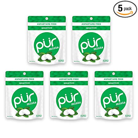 The PUR Company  | Sugar-Free + Aspartame-Free Mints  | 100% Xylitol  | Spearmint | Vegan + non GMO  | 20 Mints per Bag (Pack of 5, 100 Mints)