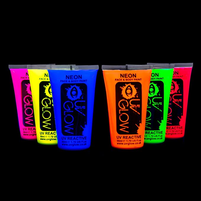 UV Glow Neon Face and Body Paint 50ml - Set of 6 Tubes - Fluorescent