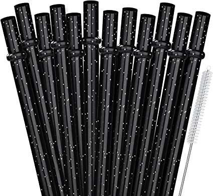 ALINK 12PCS Reusable Black Glitter Straws, 11" Long Hard Plastic Tumbler Drinking Straws with Cleaning Brush (11 inches, Black)