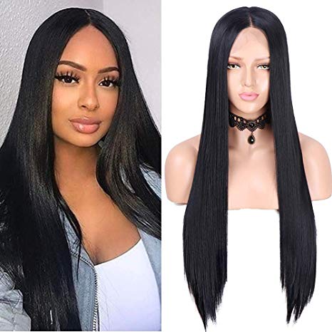 Fani 24" Long Straight Black Lace Front Wig for Women Glueless Black Straight Wigs Natural Hairline Middle Part Heat Resistant Synthetic Full Wig (1B#)