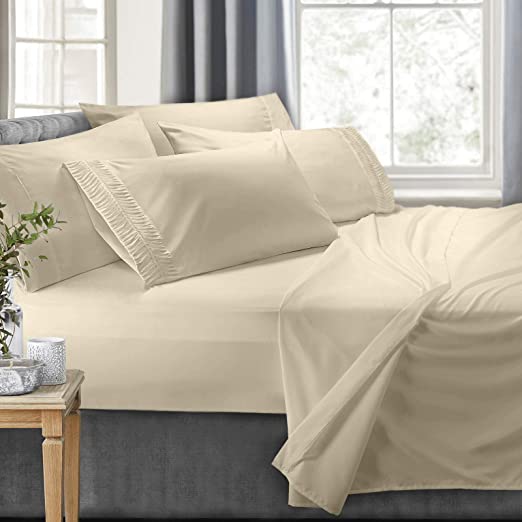 Clara Clark 4-Piece Bed Sheets - Luxury Pleated Sheets Set Bedding Sheet Set, 100% Soft Brushed Microfiber Flat Sheet, Fitted Sheet, Pillowcases Cool & Breathable - Twin - Cream