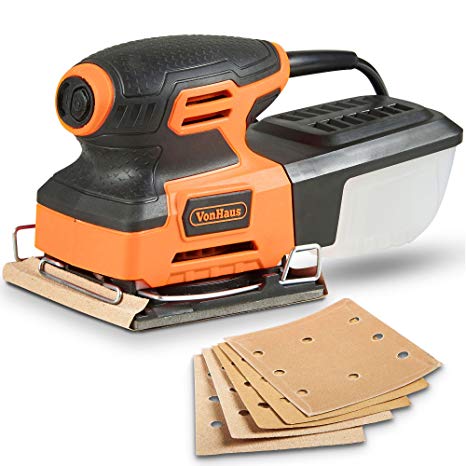 VonHaus 2.2 Amp 1/4 Sheet Palm Sander Kit with 15000 RPM, Fast Clamping System, Dust Collector and 5 Sandpaper Sheets - Ideal for Detailed Sanding