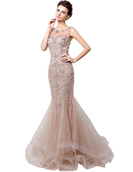 Clearbridal Women's Tulle Sequine Prom Evening Dress Sheer Neck Formal Party Gown With Rhinestones Pearls LX006