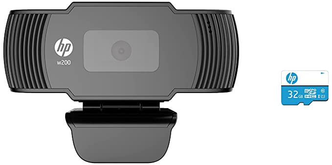 HP w200 HD 720P 30 FPS Digital Webcam with Built-in Mic, Plug and Play Setup & 32GB Class 10 MicroSD Memory Card (U1 TF Card 32GB)