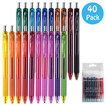 40 Pack Gel Pens Set, 20 Colored Pens With 20 Matched Refills, Medium Point Retractable Gel Ink Pens With Comfort Grip,Great for Bullet Journal Notebook Planner in School Office by Smart Color Art