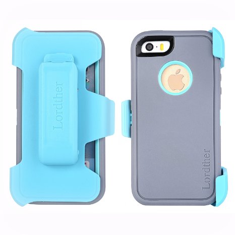 iPhone SE Belt Clip Holster Case, Lordther® [ShieldOn Series] [Military Grade Drop Test] [Heavy Duty] Covers with [Build-in Screen Protector] Only for Iphone SE 5SE 5 5s (Grey Blue with Blue Clip)