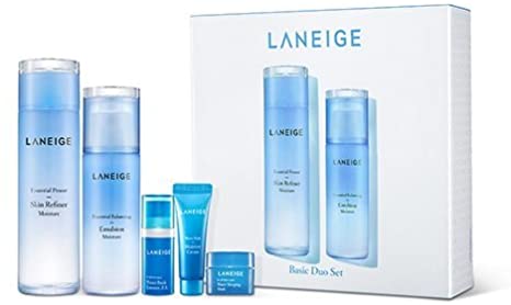 Laneige Basic Duo Set Moisture : Skin Refiner 200ml   Emulsion 120ml   Water Bank Essence 10ml   Water Bank Moisture 10ml   Water Sleeping Mask 15ml