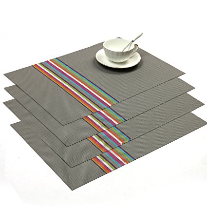 SHACOS Rectangle PVC Placemats for Table Heat Insulation Stain-resistant Woven Vinyl Kitchen Placemat Set of 4 (4, Grey)