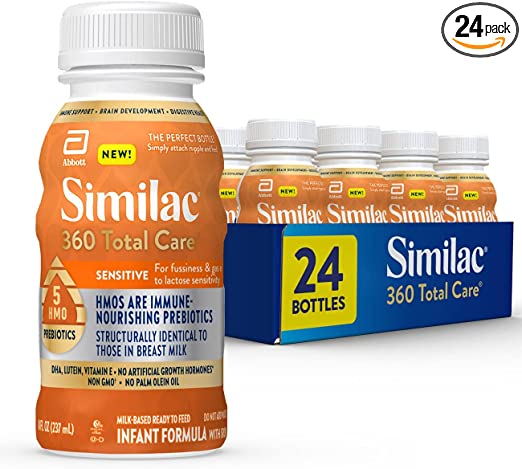Similac 360 Total Care Sensitive Infant Formula, with 5 HMO Prebiotics for Fussiness & Gas Due to Lactose Sensitivity, Non-GMO, Baby Formula, Ready-to-Feed, 8 Fl Oz, Pack of 24