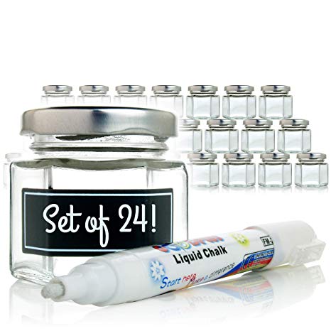 Mini Hexagon Glass Jars - 1.5 oz Set of 24 Glass Jars with Silver Caps with Chalkboard Labels and Marker - Perfect for Spices, Honey, Canning, Gifts and Crafts