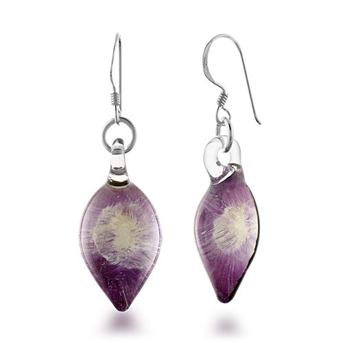 925 Sterling Silver Hand Blown Murano Glass Purple Orchid Flower Teardrop Dangle Earrings