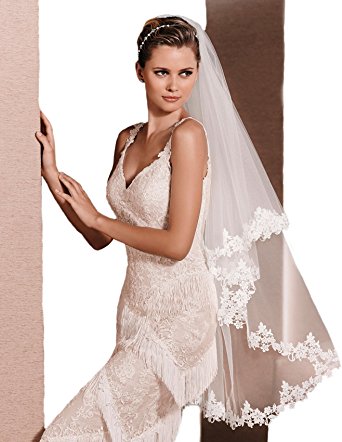 Passat 2T 36" Fingertip Soft French Lace Applique Wedding Veil Bridal Veil With Comb 274