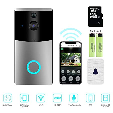 Video Doorbell, MASCARRY Wi-Fi Smart Doorbell, 720P HD Door Security Camera, Built-in 8G Card, Support Motion Detection, IR Night Vision, 2-Way Audio and App Control for IOS and Android