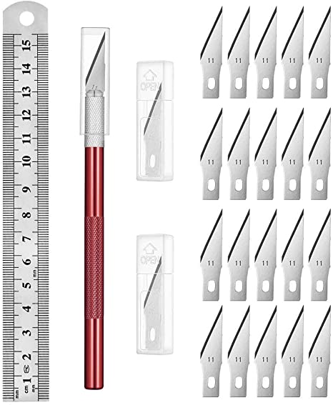 1PCS Exacto Knife Hobby Knife with Safety Cap and Craft Ruler and 20PCS Exacto Blades for Crafting and Cutting Carving Scrapbooking Art Work Cutting (Red)