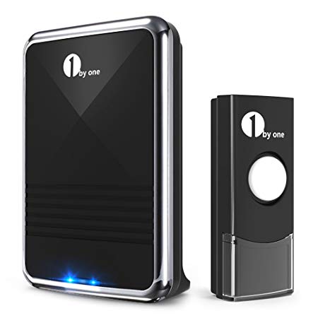 1byone Easy Chime Wireless Doorbell Kit, 1 Receiver & 1 Push Button with Sound and LED Flash, 36 Selectable Melodies, Battery Operated, Black