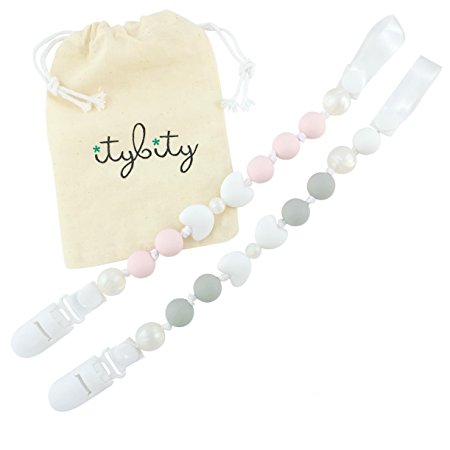 Bow Pacifier Clip Girl, BPA Free Silicone Teether, 2 Pack (Custom Petal Pink/Warm Gray)