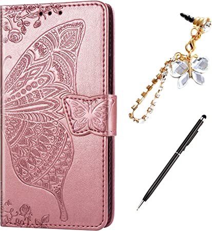 LG Aristo 2 Case,LG K8 2018/LG Aristo 3/Aristo 2 Plus/Fortune 2/Risio 3 Case,Embossing Mandala Butterfly Rose Vine Flip Wallet Case PU Leather Stand Card Slots Case Cover   Dust Plug Stylus,Rose Gold