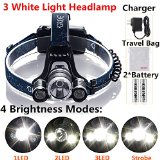 Super Bright LED Rechargeable Headlamp Headlight Torch Light Work Lights Headlamps with 2Pcs 18650 Rechargeable Battery AC Charger and GRDE Special Travel Bag