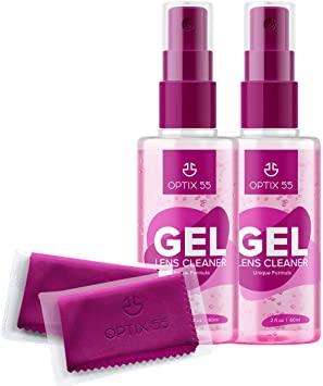 Gel Lens Cleaner Kit - (2) 2oz Eye Glasses Cleaner Gel Spray   (2) Microfiber Cleaning Cloths | Safe for AR Coated & All Lenses, Screens, Electronics (4oz Pink)