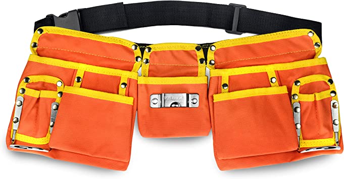 GlossyEnd 11 Pocket Orange 600D Polyester Construction Kids Tool Belt, Work Apron Great for Pretended Play Role, with Adjustable Poly Web Belt Quick Release Buckle