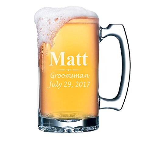 Custom Beer Mugs - Engraved Personalized Groomsmen Beer Glasses Gifts - 25oz - 3 Lines Design