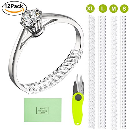 Ring Size Adjuster Jewelry Guard (12 rings,4 Sizes) with Polishing Cloth Instruction for Loose Rings