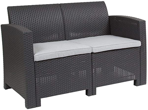 Flash Furniture Dark Gray Faux Rattan Loveseat with All-Weather Light Gray Cushions