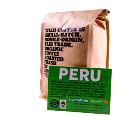 Wild Coffee, Whole Bean Organic Coffee, Fair Trade, Single-Origin, 100% Arabica, Austin Fresh Roasted (Peru Medium Roast, 12 ounce)