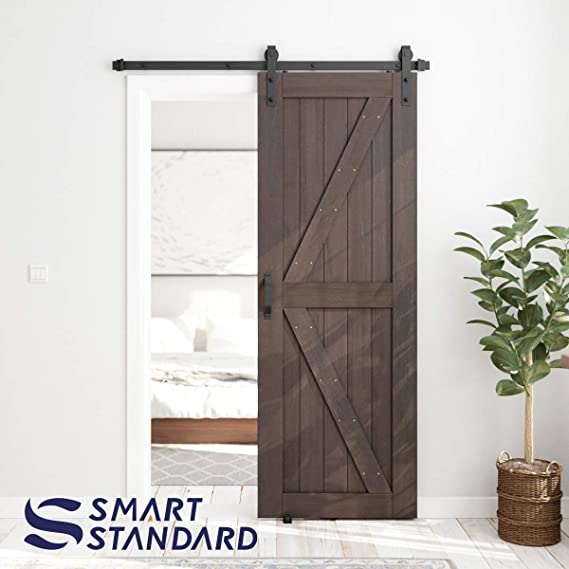 SMARTSTANDARD 30in x 84in Sliding Barn Door with 5ft Barn Door Hardware Kit & Handle, Pre-Drilled Ready to Assemble, DIY Unfinished Solid Spruce Wood Panelled Slab, K-Frame, Brown