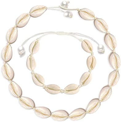 Cilkus Natural Shell Necklace Bracelet Anklet Set, Handmade Adjustable Pearl Buckle Summer Boho Hawaii Beach Seashell Choker Jewelry Gift for Women Girls