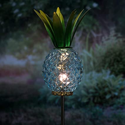 Exhart Blue Pineapple Solar Light Garden Stake – Decorative 3D Pineapple Light w/Solar Panel - LED Outdoor Garden Décor for Hawaii Tropical Theme Party, (3.6L x 3.6W x 29H)