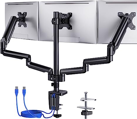 ErGear Triple Monitor Mount for Desk, 3 Monitor Stand with Gas Spring Adjustable Monitor Arm Fit Three Screens 13 to 27 inch Flat/Curved LCD Computer Screens Holds Max 17.6lbs with Clamp