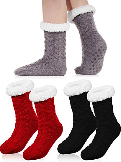 3 Pairs Women Soft Warm Cozy Fuzzy Sock Winter Thick Fleece Lined Home Slipper Sock Christmas Gift